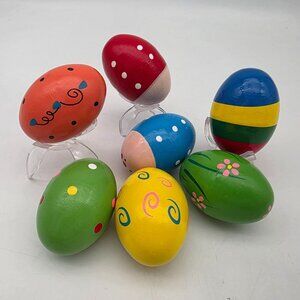 Hand-Painted Wooden Rattle Shaker Easter Eggs Set Of 7 Colorful Designs